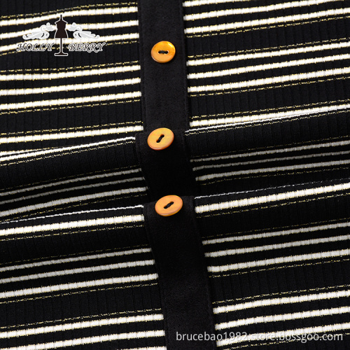 New Autumn Black White Stripe Crewneck Ladies' Blouses